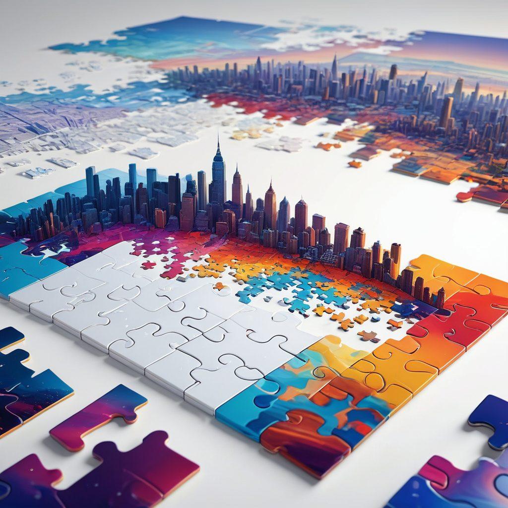 A creative representation of unique numeric domains as colorful puzzle pieces coming together to form a digital landscape. In the background, depict a vibrant city skyline made of numbers and symbols, symbolizing the digital space. Include bright, eye-catching colors that convey innovation and dynamism. Add a subtle glow effect to the puzzle pieces to emphasize their potential. flat design. bright colors. white background.